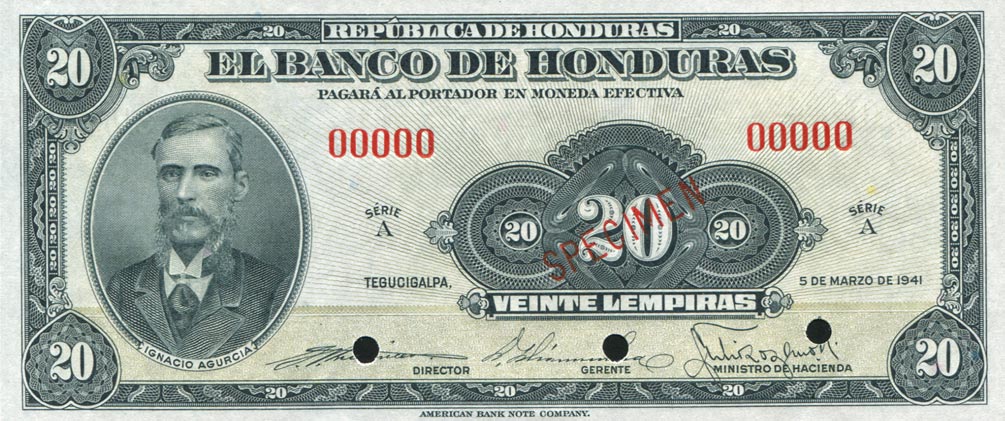 Front of Honduras p44s: 20 Lempiras from 1941