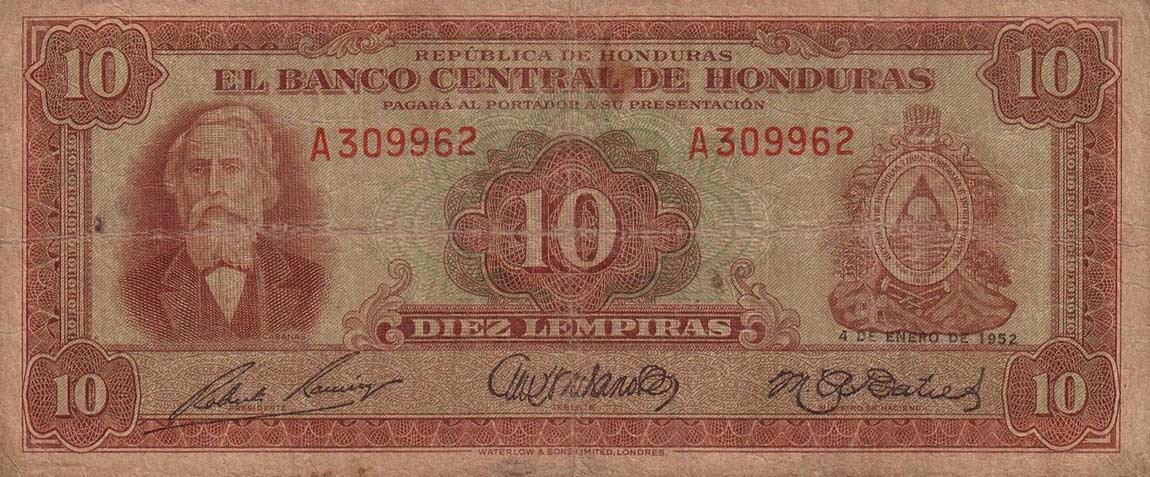 Front of Honduras p47a: 10 Lempiras from 1951
