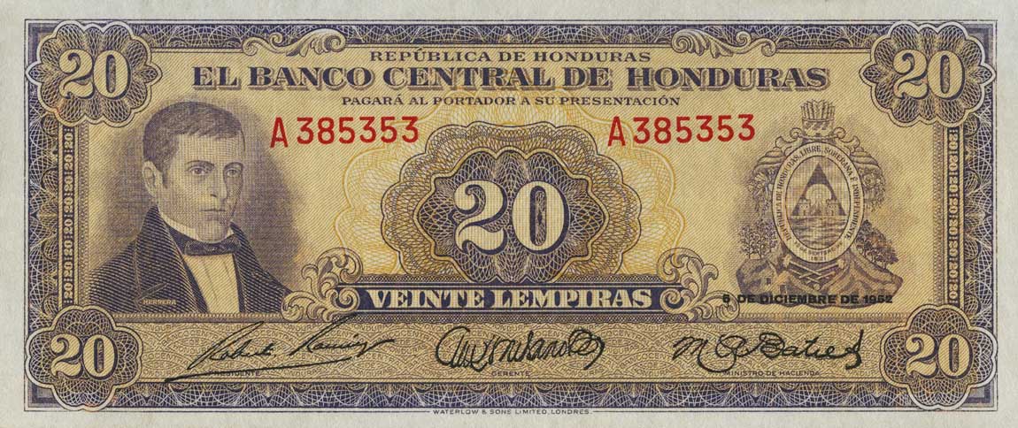 Front of Honduras p48a: 20 Lempiras from 1951