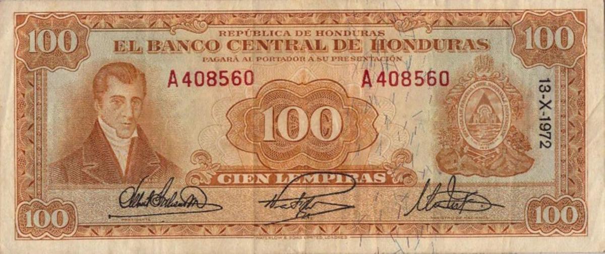 Front of Honduras p49c: 100 Lempiras from 1972