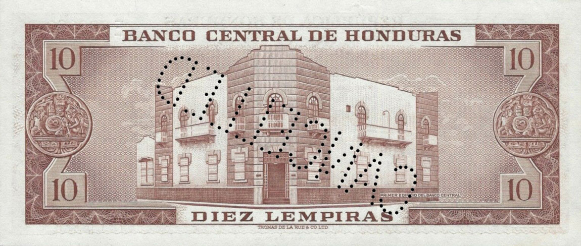 Back of Honduras p52s: 10 Lempiras from 1954