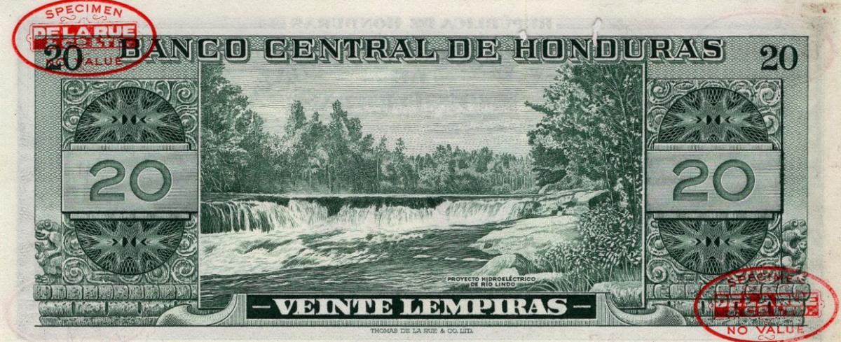 Back of Honduras p53s: 20 Lempiras from 1954