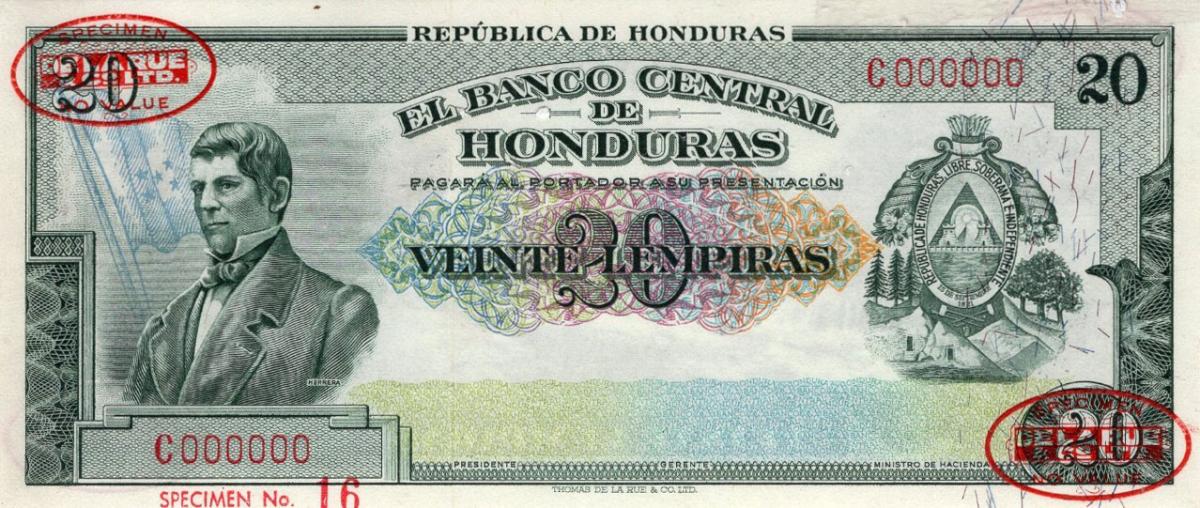 Front of Honduras p53s: 20 Lempiras from 1954