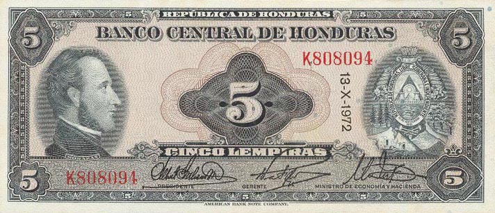 Front of Honduras p56b: 5 Lempiras from 1970