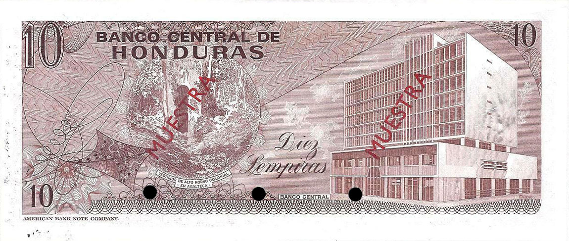 Back of Honduras p57s: 10 Lempiras from 1970