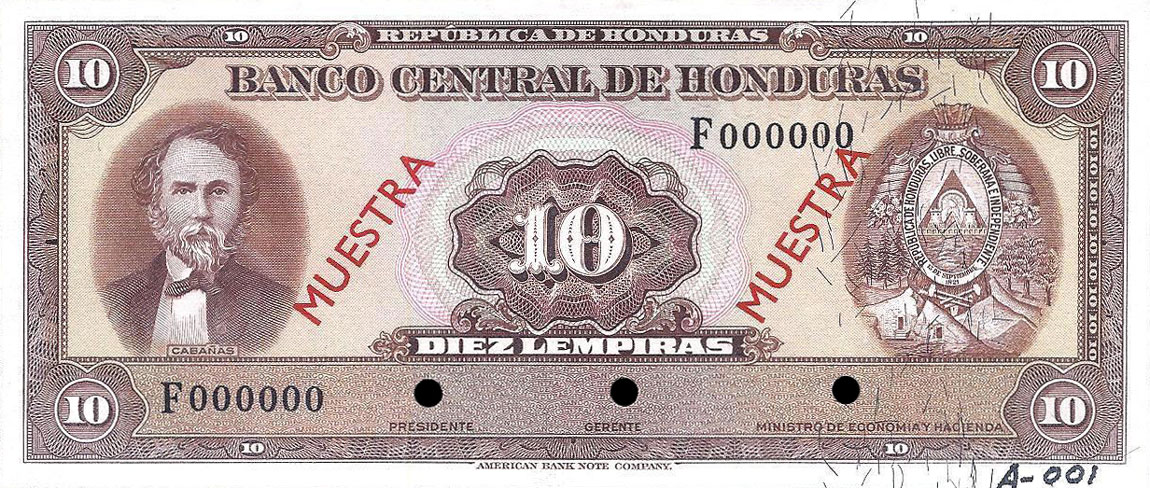 Front of Honduras p57s: 10 Lempiras from 1970