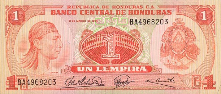 Front of Honduras p58a: 1 Lempira from 1974
