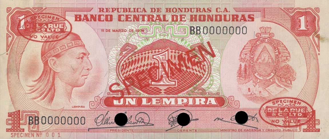 Front of Honduras p58s: 1 Lempira from 1974