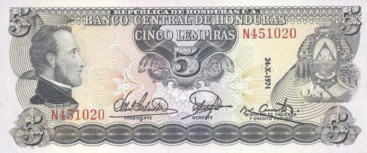 Front of Honduras p59a: 5 Lempiras from 1974