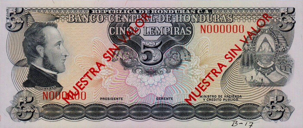 Front of Honduras p59s: 5 Lempiras from 1975