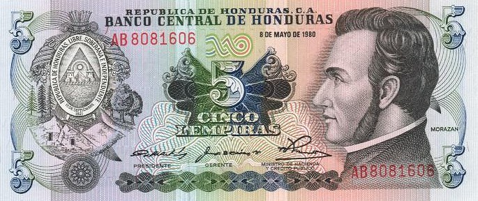 Front of Honduras p63a: 5 Lempiras from 1978