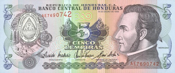 Front of Honduras p63c: 5 Lempiras from 1993