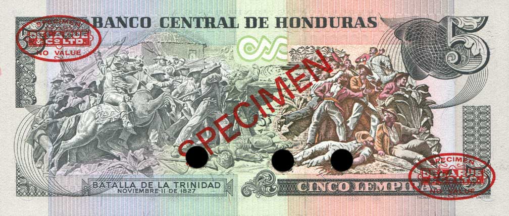 Back of Honduras p63s: 5 Lempiras from 1994