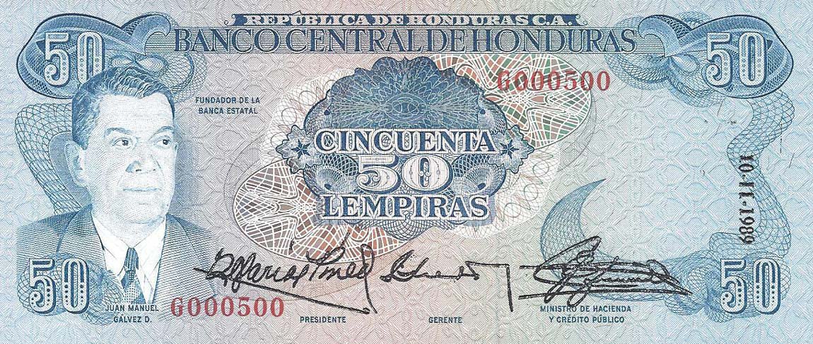Front of Honduras p66b: 50 Lempiras from 1984