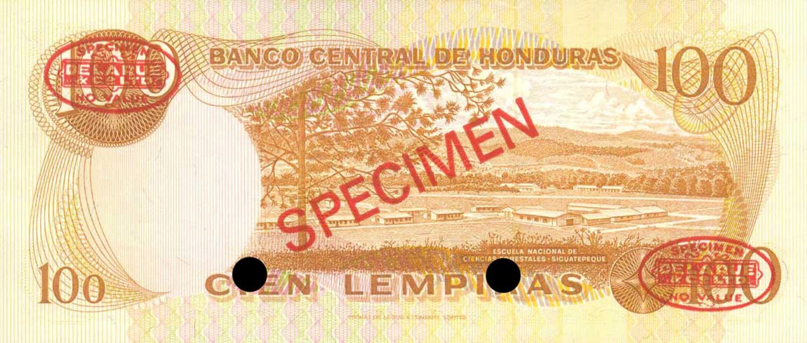 Back of Honduras p67s: 100 Lempiras from 1975