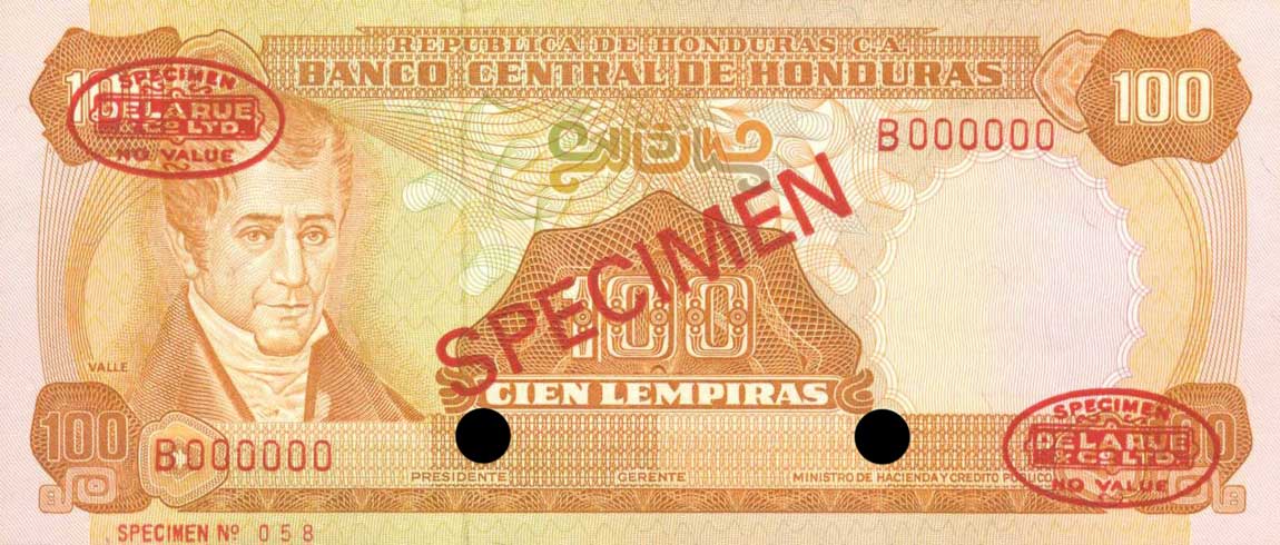 Front of Honduras p67s: 100 Lempiras from 1975