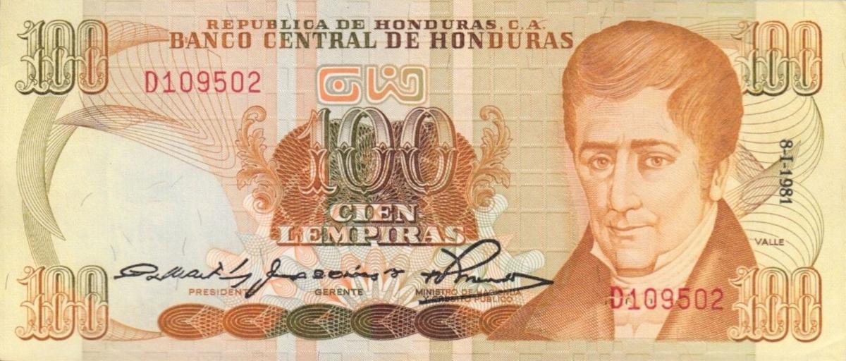 Front of Honduras p69a: 100 Lempiras from 1981