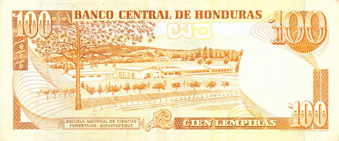 Back of Honduras p69c: 100 Lempiras from 1989