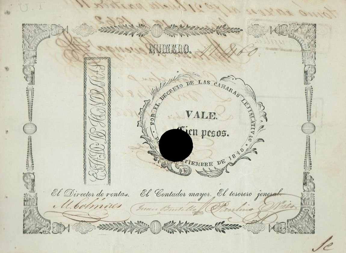 Front of Honduras p6: 100 Pesos from 1848