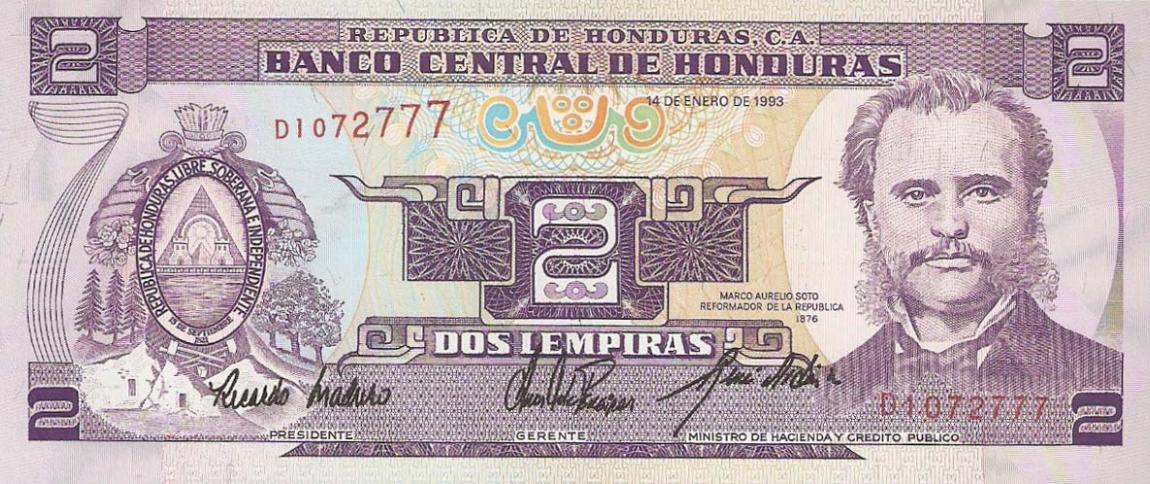 Front of Honduras p72a: 2 Lempiras from 1993