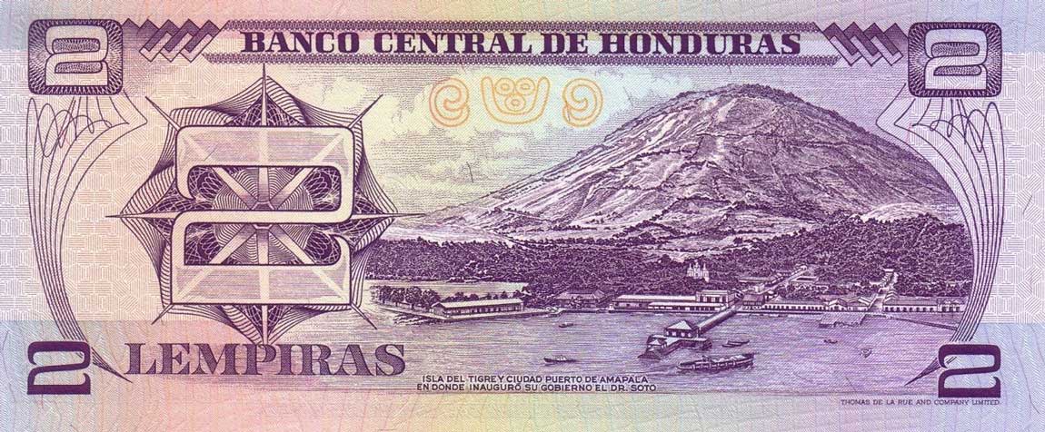 Back of Honduras p72c: 2 Lempiras from 1994