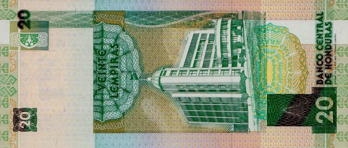 Back of Honduras p73b: 20 Lempiras from 1993