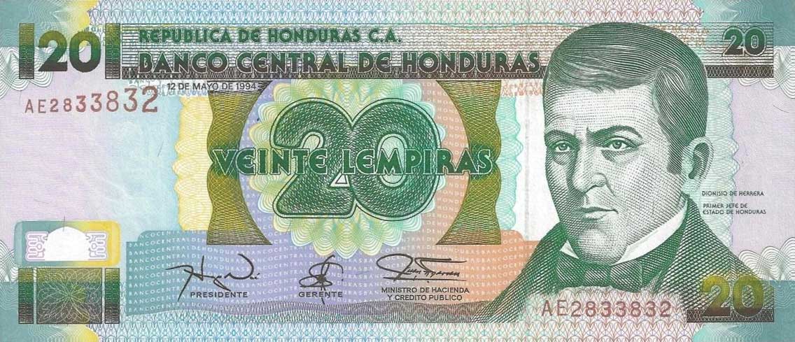 Front of Honduras p73c: 20 Lempiras from 1994