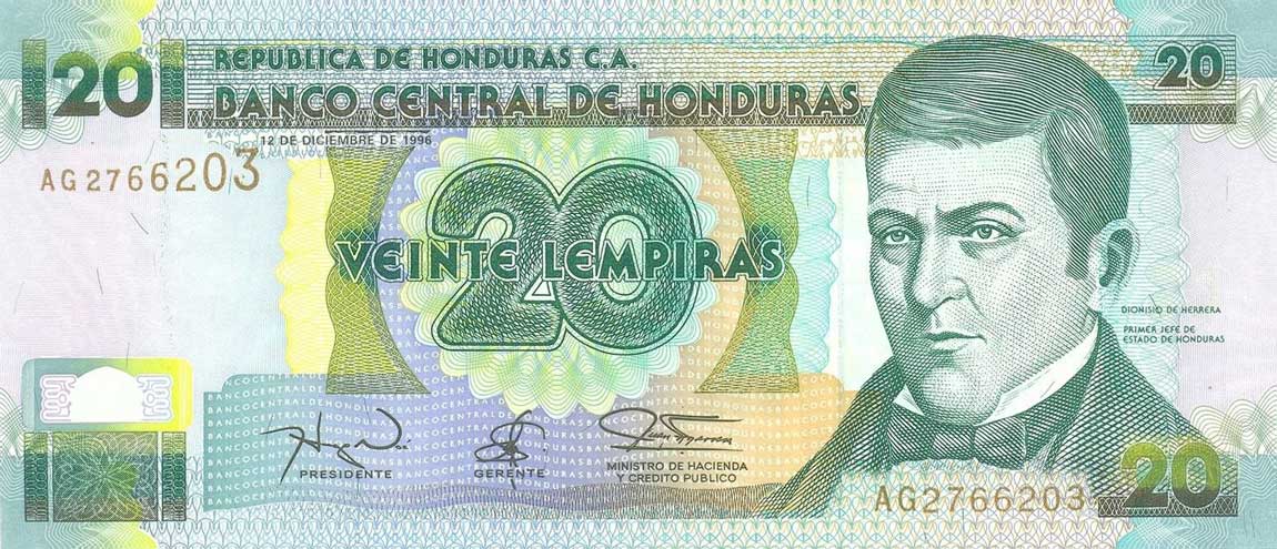 Front of Honduras p73d: 20 Lempiras from 1996