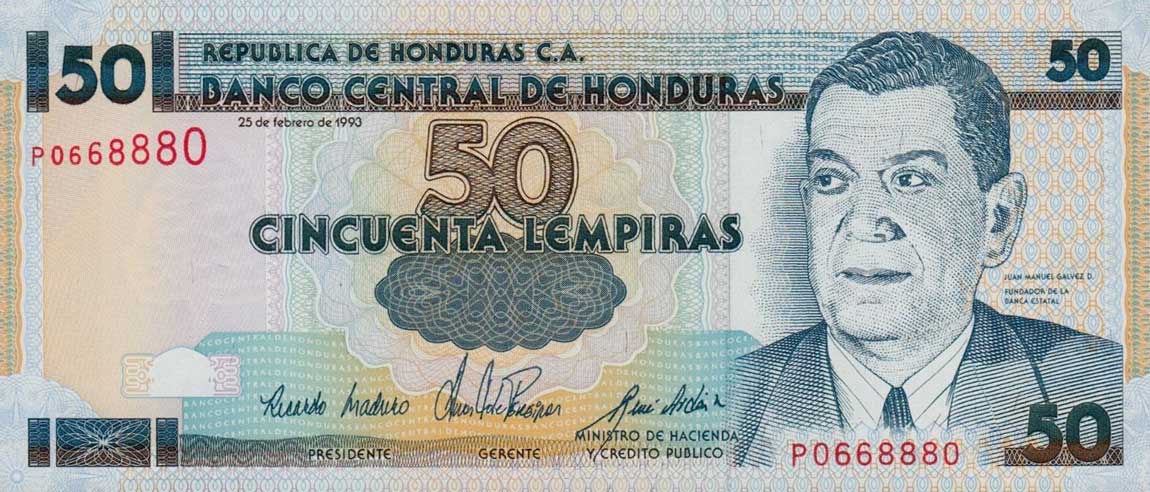 Front of Honduras p74b: 50 Lempiras from 1993