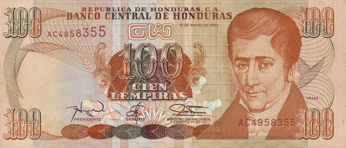 Front of Honduras p77a: 100 Lempiras from 1994