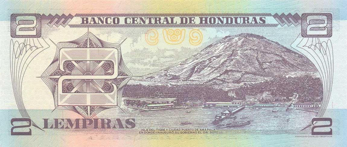 Back of Honduras p80Aa: 2 Lempiras from 1998