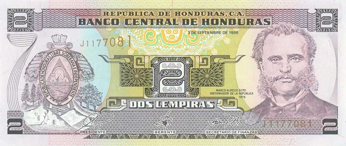 Front of Honduras p80Aa: 2 Lempiras from 1998