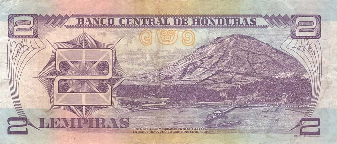 Back of Honduras p80Ah: 2 Lempiras from 2010