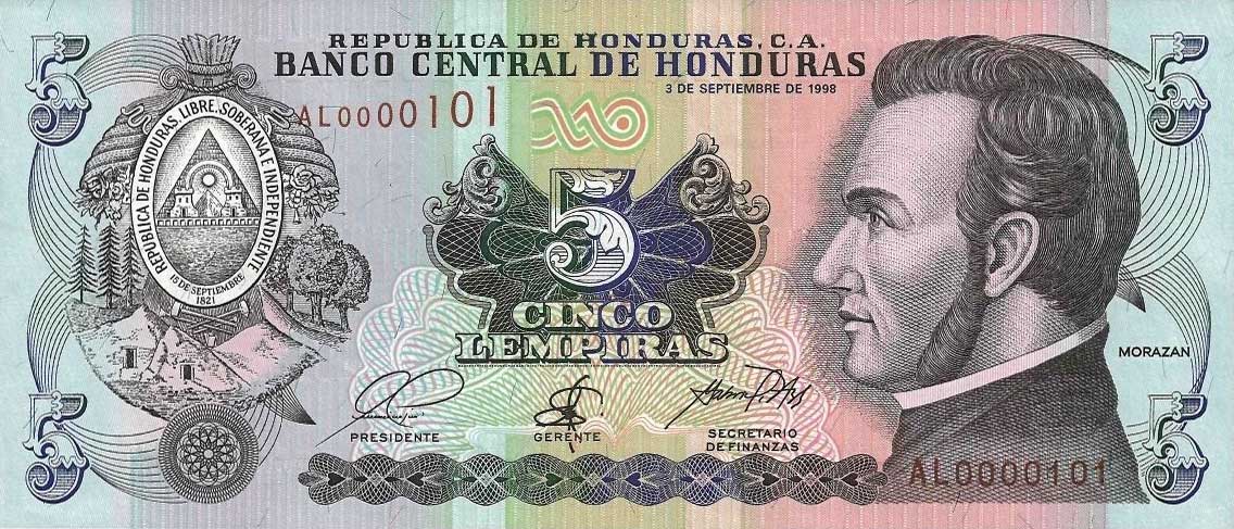 Front of Honduras p81c: 5 Lempiras from 1998
