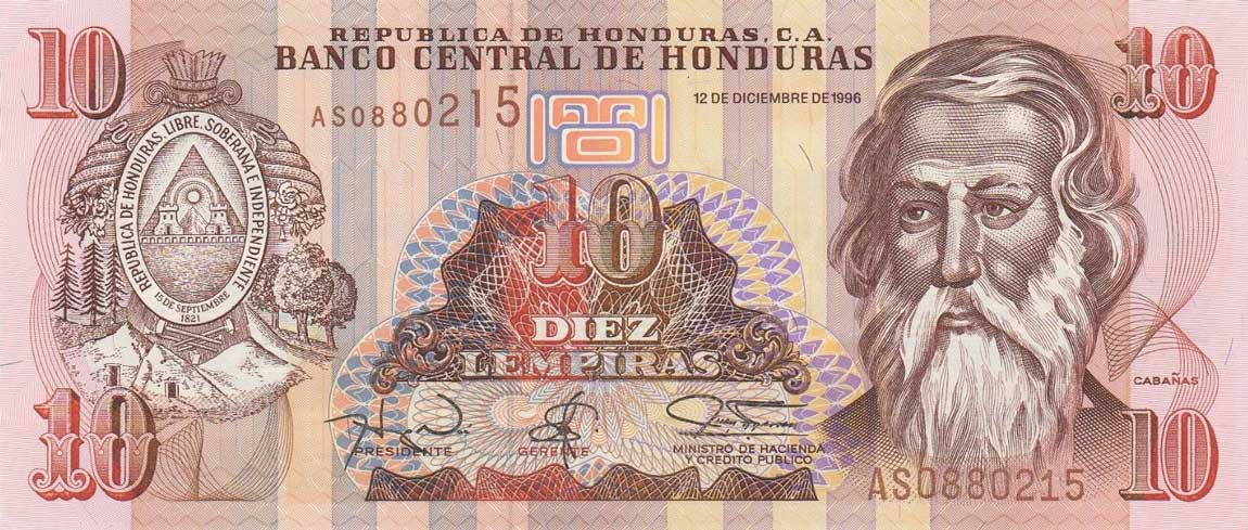 Front of Honduras p82a: 10 Lempiras from 1996
