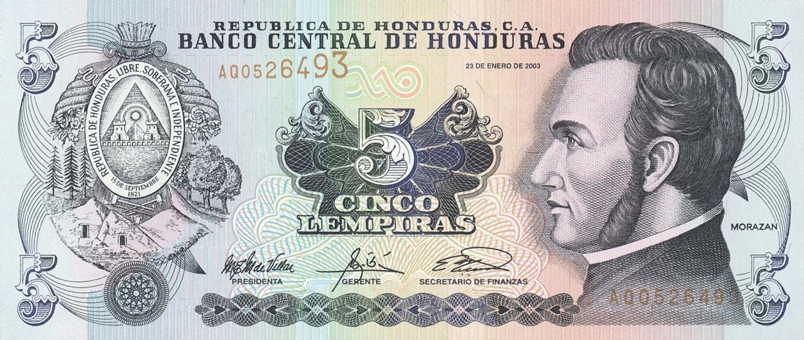 Front of Honduras p85c: 5 Lempiras from 2003