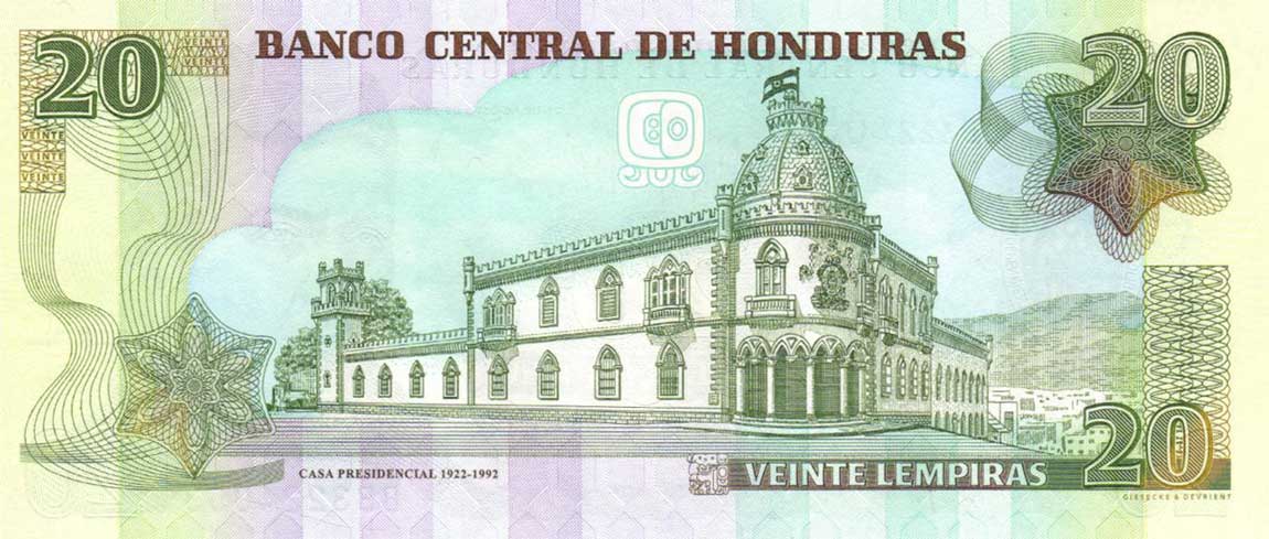 Back of Honduras p92: 20 Lempiras from 2004