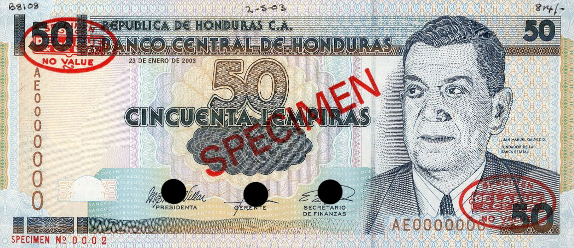 Front of Honduras p88s: 50 Lempiras from 2001