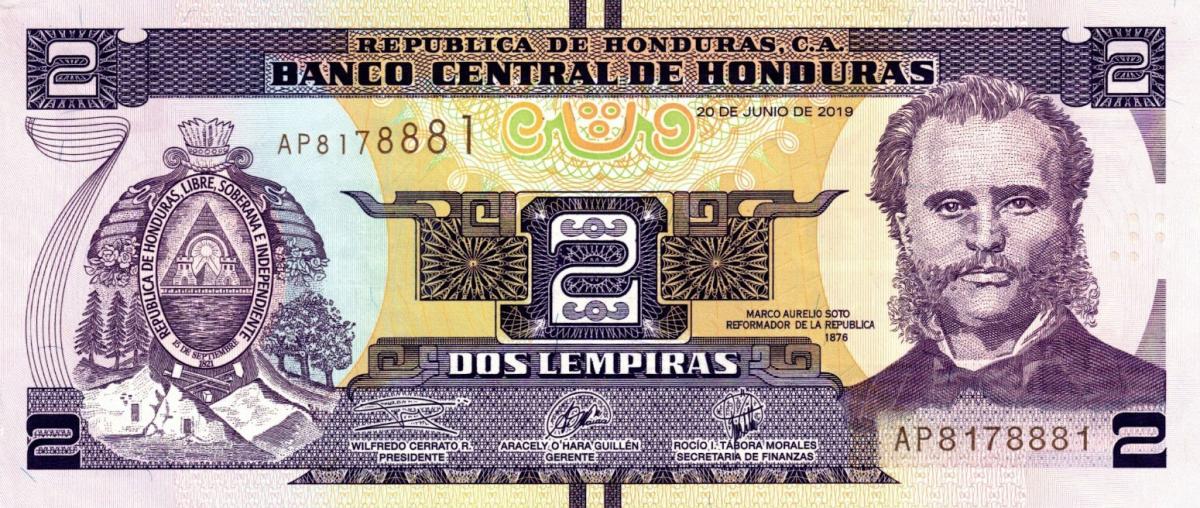 Front of Honduras p97d: 2 Lempiras from 2019