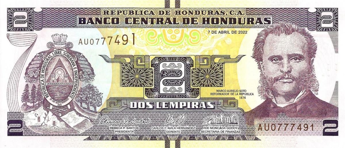 Front of Honduras p97e: 2 Lempiras from 2022
