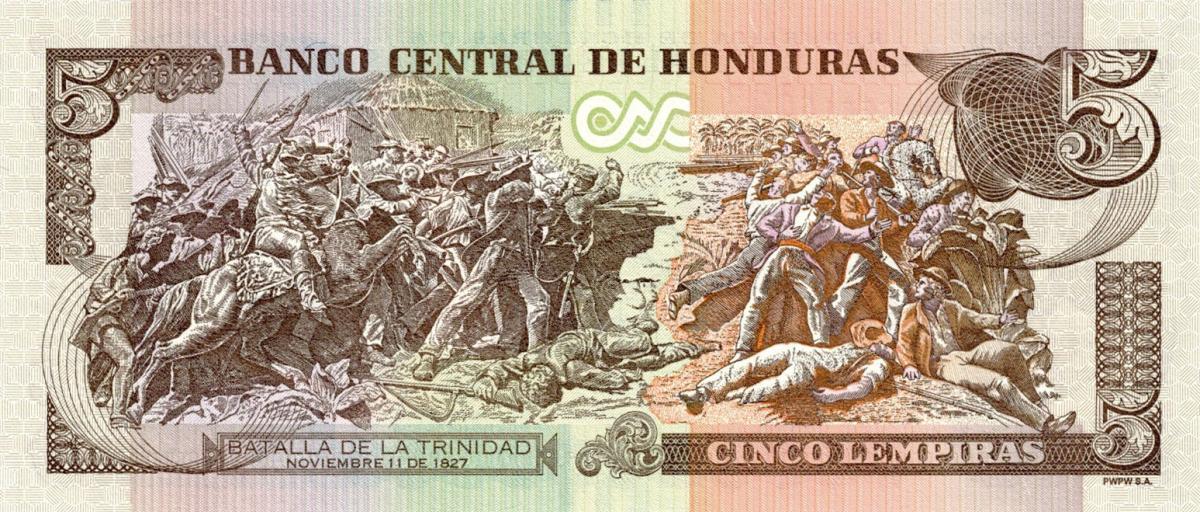 Back of Honduras p98d: 5 Lempiras from 2019