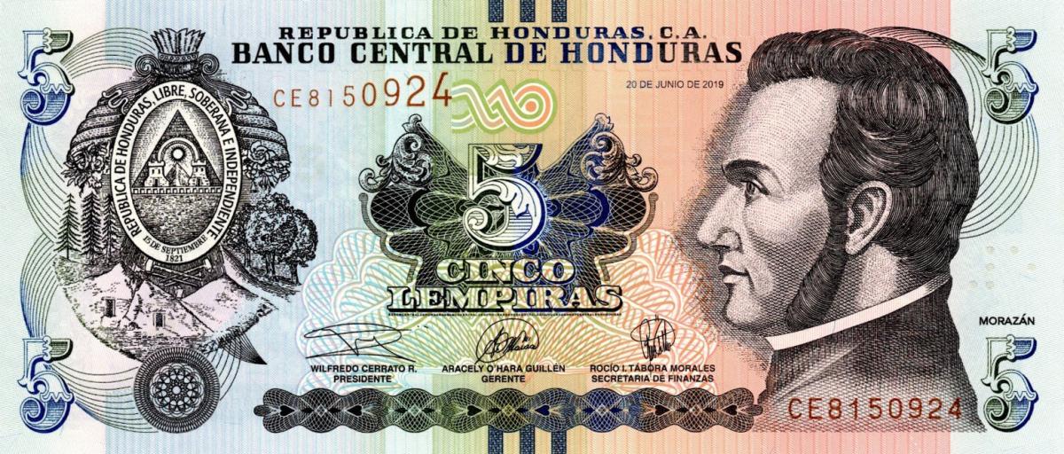 Front of Honduras p98d: 5 Lempiras from 2019