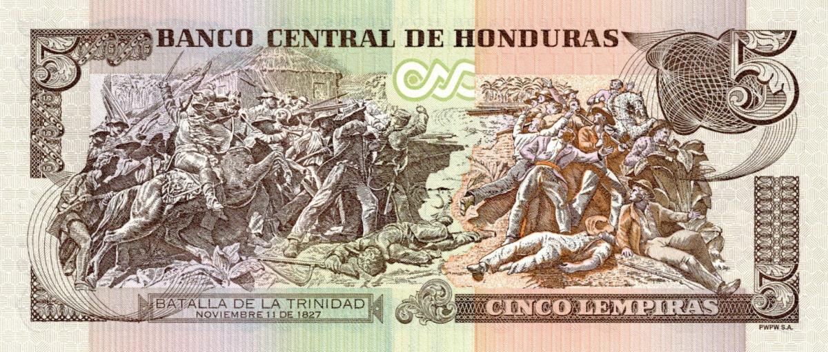 Back of Honduras p98e: 5 Lempiras from 2022