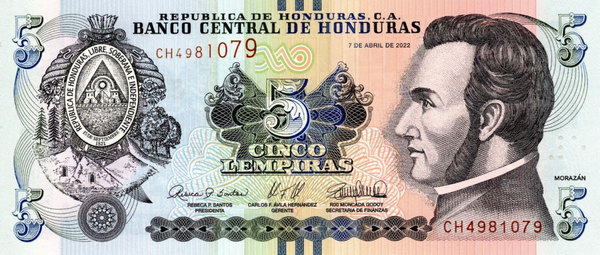 Front of Honduras p98e: 5 Lempiras from 2022