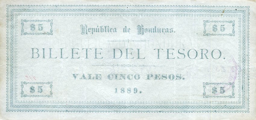 Back of Honduras p9: 5 Pesos from 1889