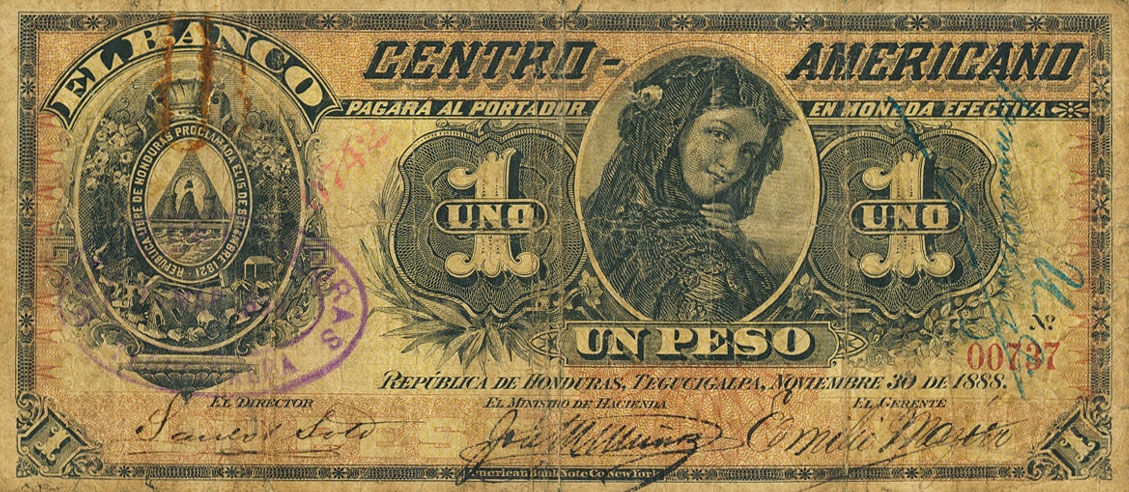 Front of Honduras pS131a: 1 Peso from 1888