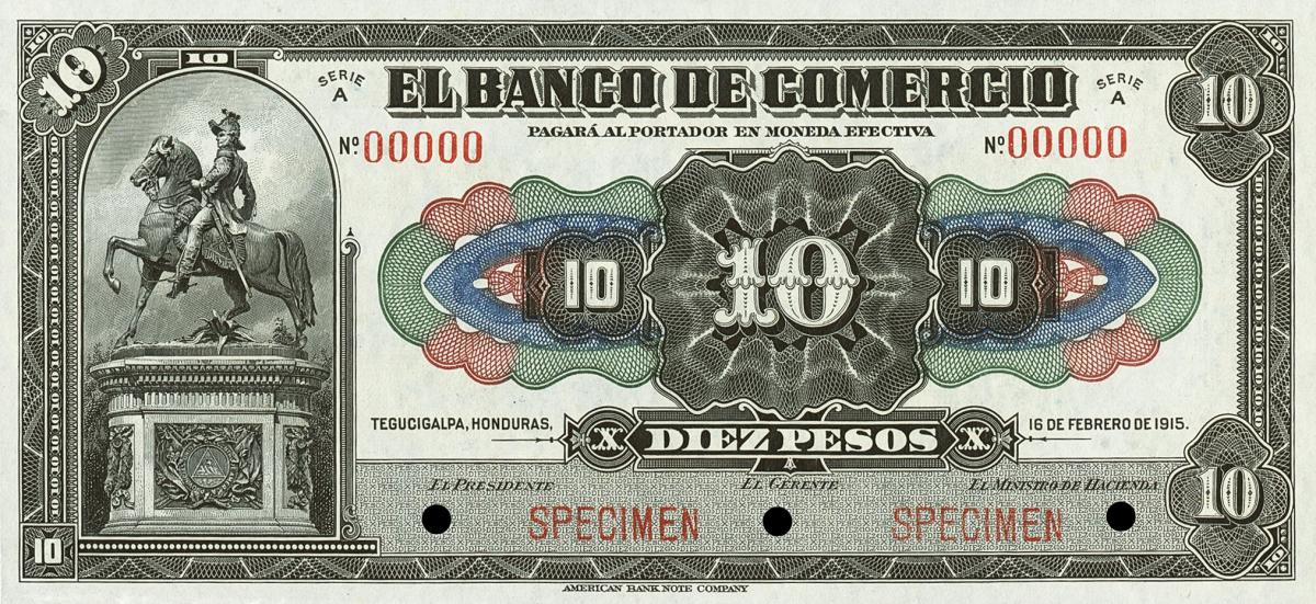 Front of Honduras pS144s: 10 Pesos from 1915