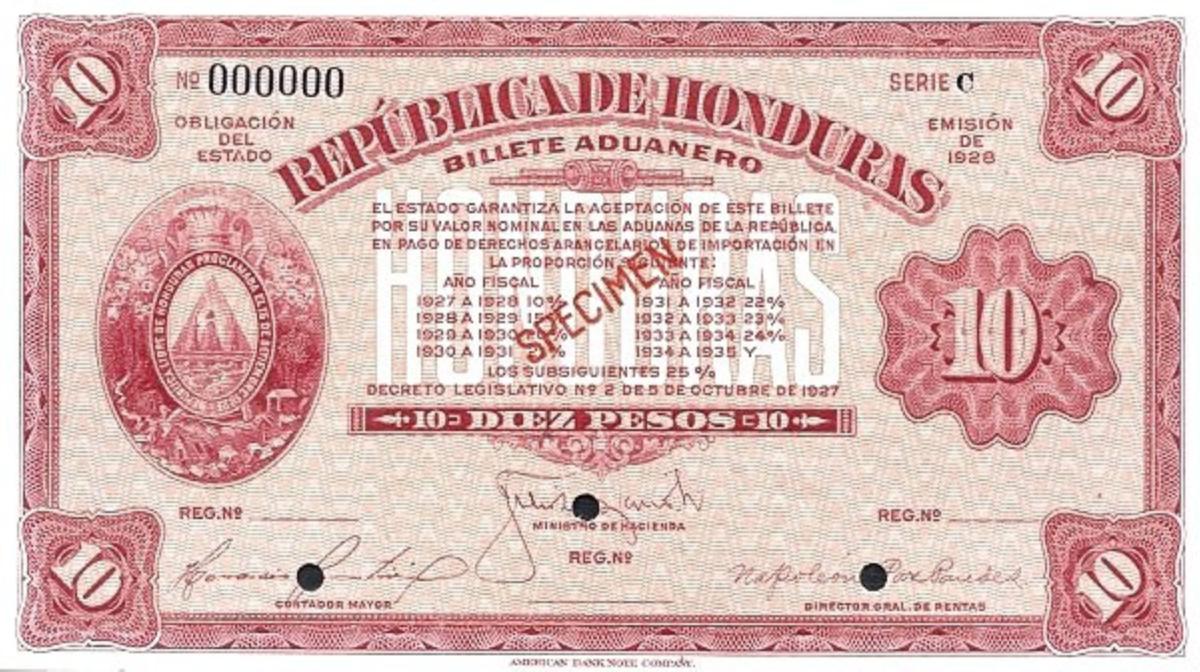 Front of Honduras pS165s: 10 Pesos from 1928