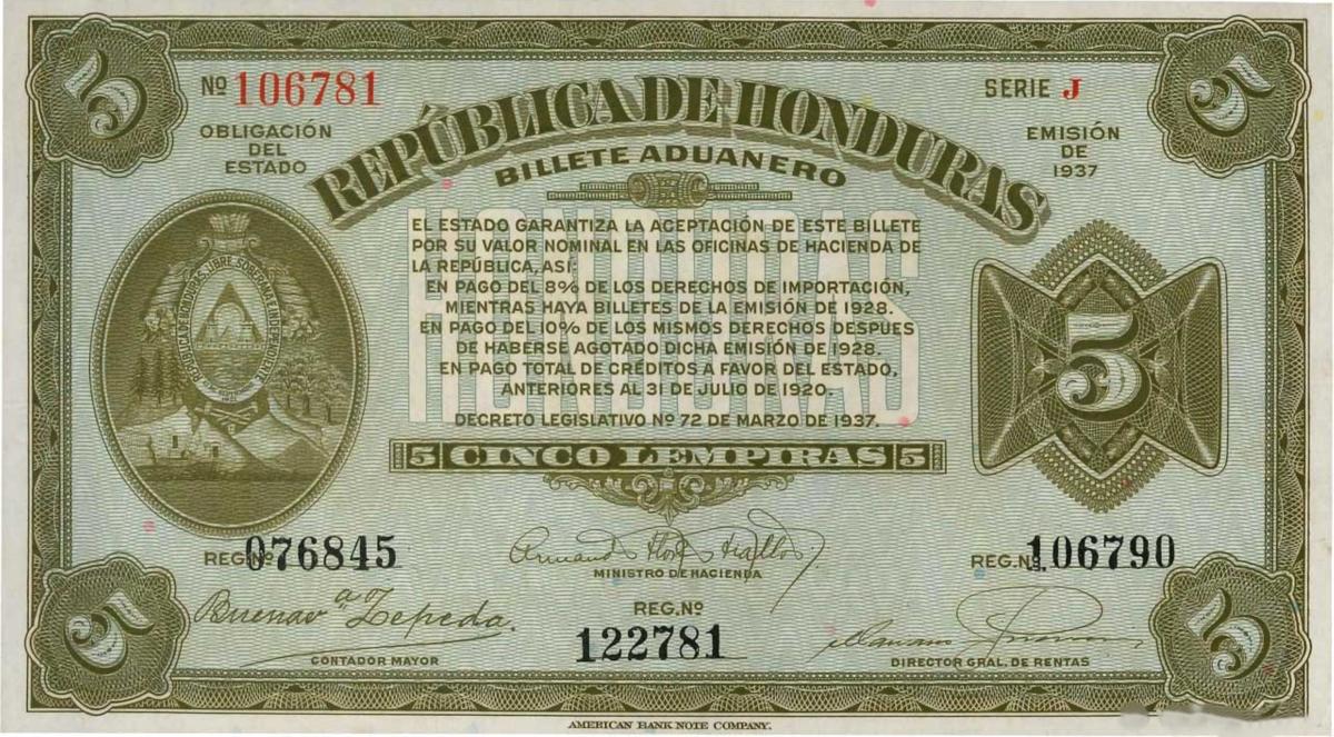 Front of Honduras pS168a: 5 Lempiras from 1937