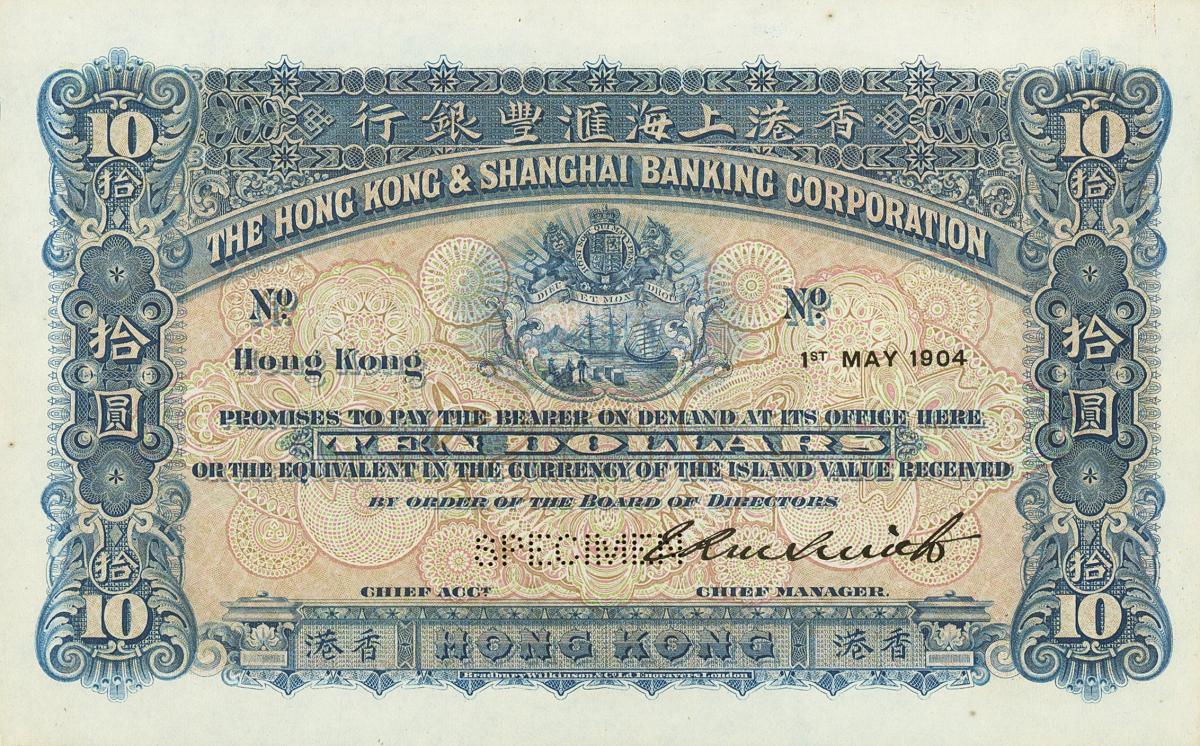 Front of Hong Kong p157s: 10 Dollars from 1904